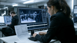 Legal professional reviewing surveillance footage and investigative records connected to a Nevada search warrant.