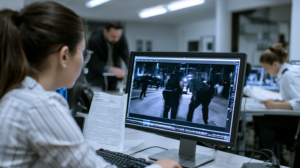 Legal professional reviewing police bodycam footage and case records as digital evidence in a Las Vegas criminal case.