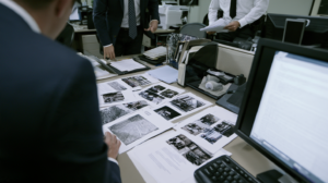 Investigators reviewing photographs, maps, and case documents related to a Nevada search warrant investigation.