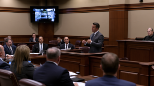 Attorney presenting evidence to the court during a Clark County criminal trial in Nevada.