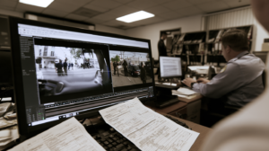 Investigator reviewing video footage and police records that may be challenged by a Las Vegas criminal defense lawyer.