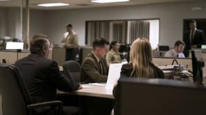 Legal team reviewing employment records and supporting documents that may be presented as mitigation evidence at sentencing.