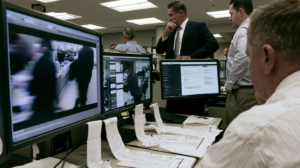 Investigators reviewing surveillance footage, transaction records, and documents during a suspected forgery investigation in Nevada.