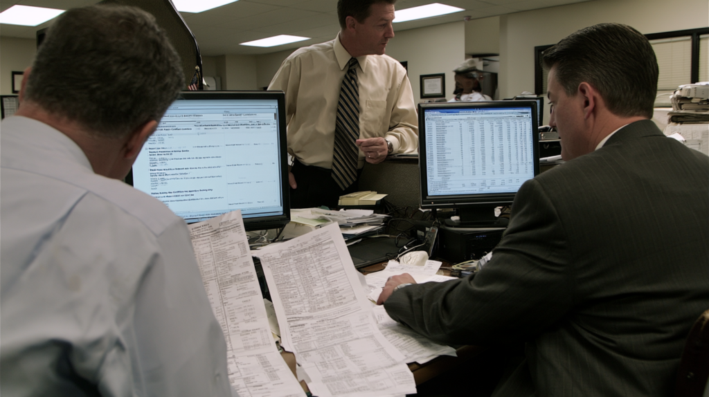 Investigators reviewing financial records, benefit claims, and digital data during a Nevada unemployment or insurance fraud investigation.