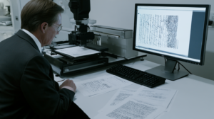 Forensic examiner comparing handwriting and signatures on questioned documents during a Nevada forgery investigation.
