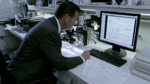 Forensic document examiner analyzing a questioned signature and financial records as evidence in a Nevada forgery case.