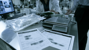 Forensic laboratory staff examining packaged evidence and documentation for testing in a Nevada criminal case.