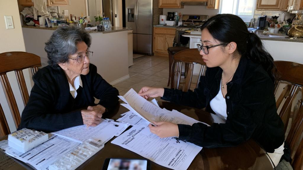 Older woman reviewing documents with a family member during a dispute that could lead to elder abuse allegations in Las Vegas.