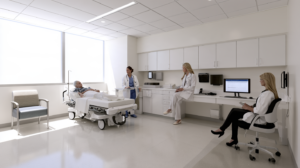 Older patient receiving medical care while healthcare professionals review information that may document possible elder abuse concerns.