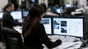 Insurance investigator reviewing property photographs, claim records, and supporting documents for possible fraud in Nevada.