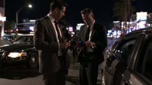 Law enforcement personnel reviewing breath-testing equipment during a nighttime DUI investigation in Las Vegas.