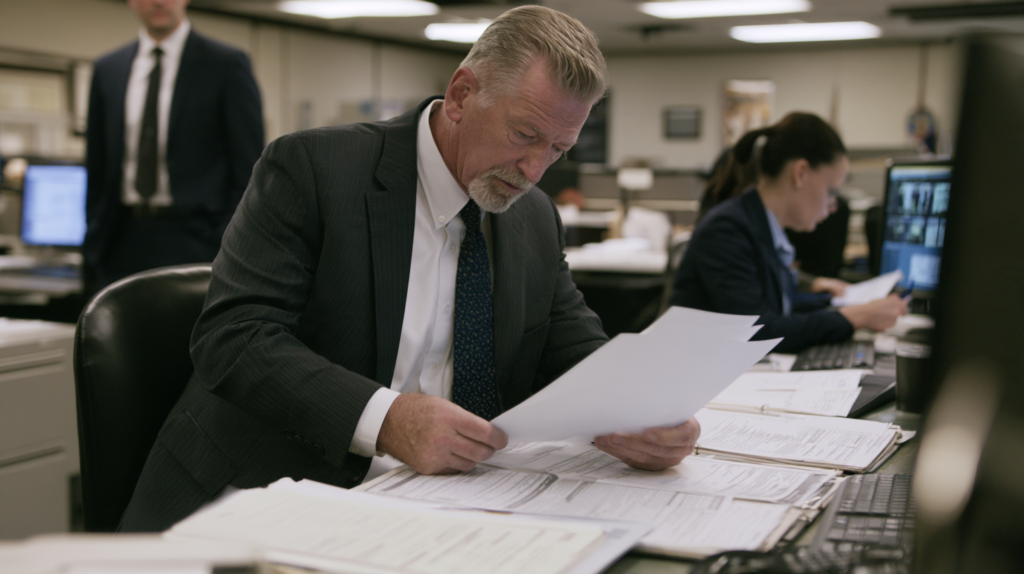 Investigator reviewing police records and identification documents connected to a Nevada criminal investigation.