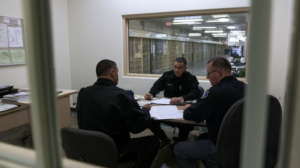 Correctional staff reviewing records and paperwork related to an incarcerated person’s sentence and prison credits in Nevada.