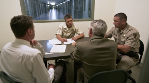 Person meeting with correctional and legal professionals to review documents related to a Nevada criminal case and sentencing.