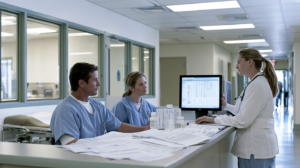 Correctional healthcare staff reviewing medical records during the intake and classification process at a Nevada prison.