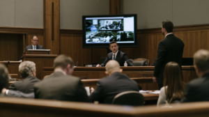 Attorney presenting video evidence during courtroom testimony in a Nevada criminal trial.