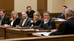Prospective jurors listening during courtroom questioning as attorneys evaluate the jury panel for a criminal trial.