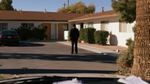 Investigator outside a residence during a Nevada criminal investigation, representing evidence gathering before a case proceeds to trial.