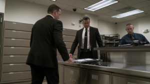Law enforcement personnel reviewing packaged evidence and case records connected to laboratory testing in a Nevada drug case.