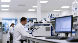 Forensic laboratory professional working with equipment used to analyze and maintain breath-testing evidence.