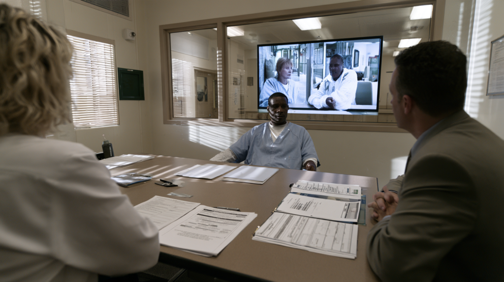 Incarcerated person participating in a Nevada parole hearing while officials review records and parole considerations.