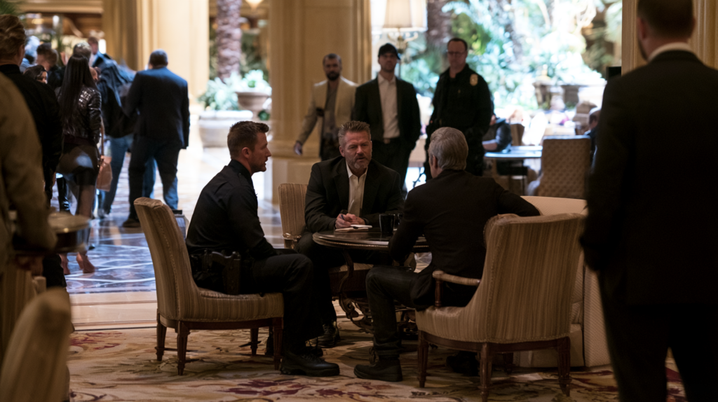 Law enforcement and investigators meeting inside a Las Vegas resort during an investigation involving possible vice-related activity.